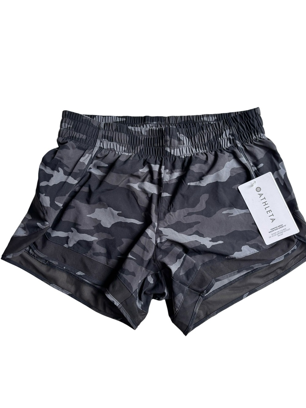 Athleta NWT Women's Black & Gray Camo Mesh Racer Run Short Athletic Shorts